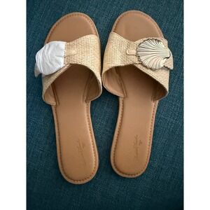 Universal Thread Women Straw Slide Sandals Seashell Embellishment Tan Size 11